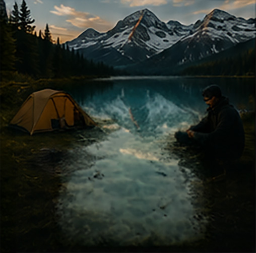 Tents at a mountain lake with people gathered around a campfire