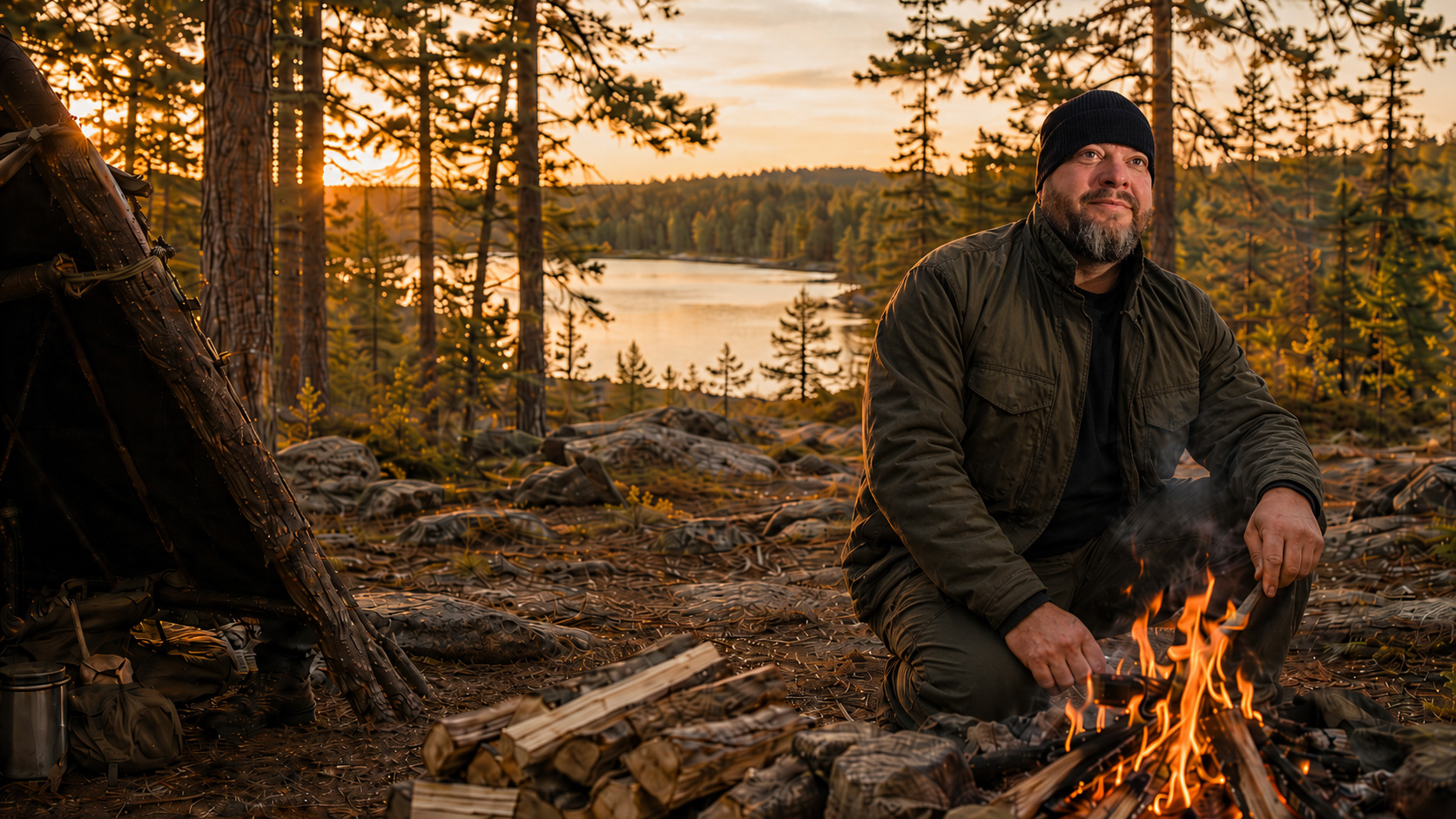 An NBWSR practitioner beside a campfire at a tipi shelter on a lakeshore at golden hour