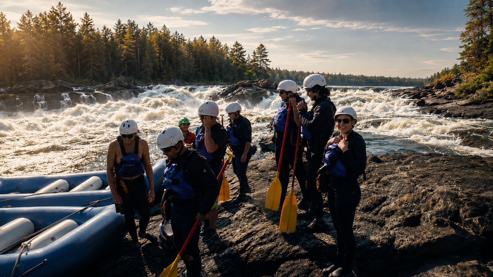 A group of NBWSR trainees with paddles and helmets beside a rushing northern river
