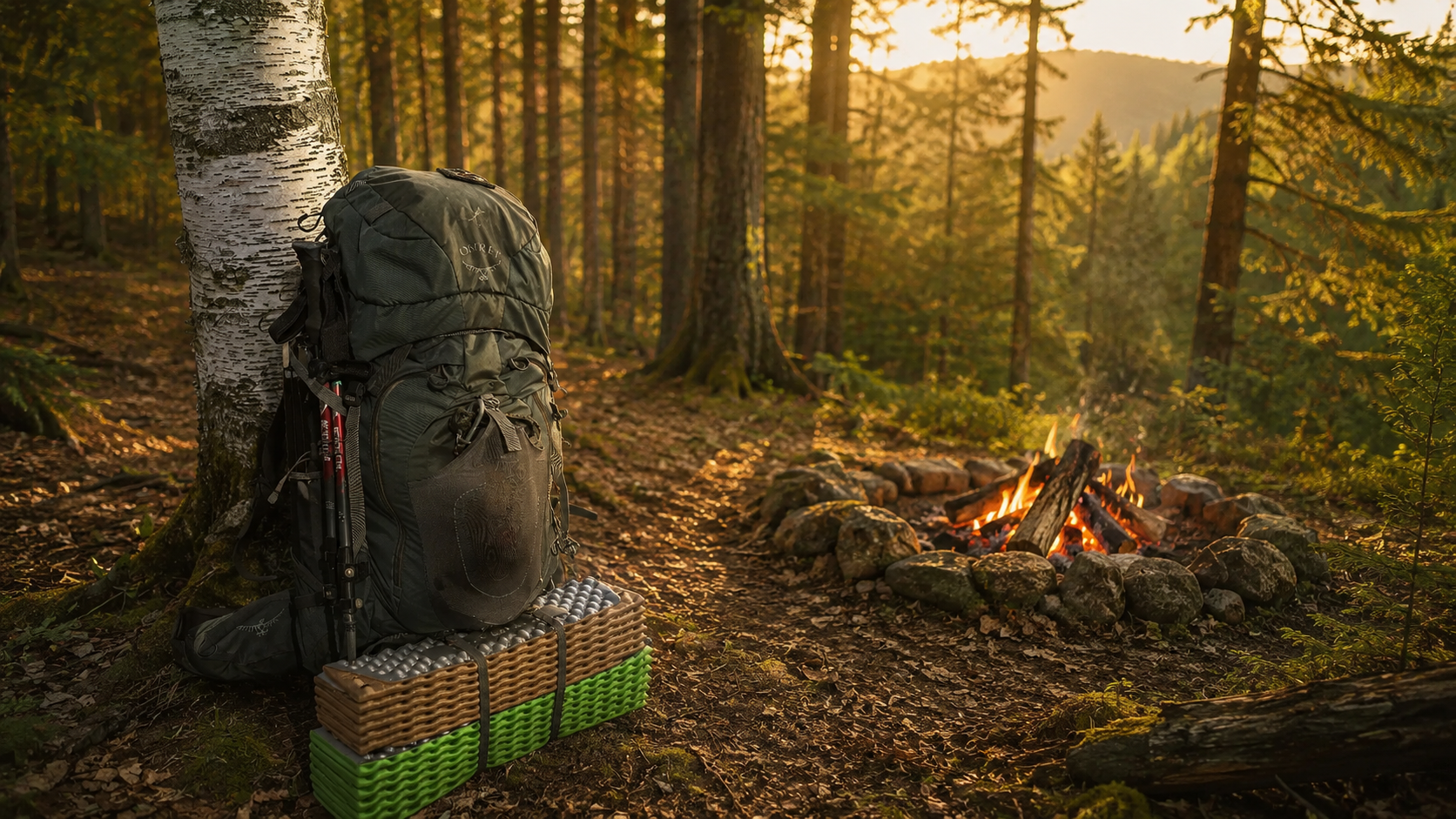A loaded bushcraft pack leaning against a birch tree beside a campfire at sunset