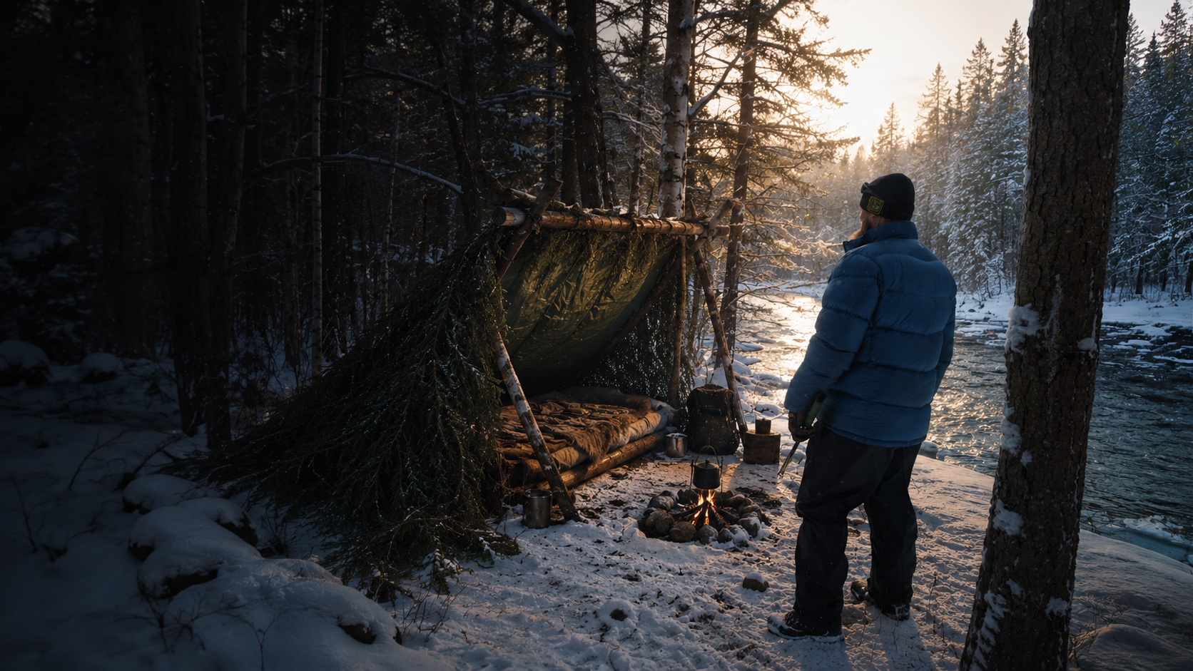 A practitioner standing beside a debris shelter at sunrise on a snowy riverbank
