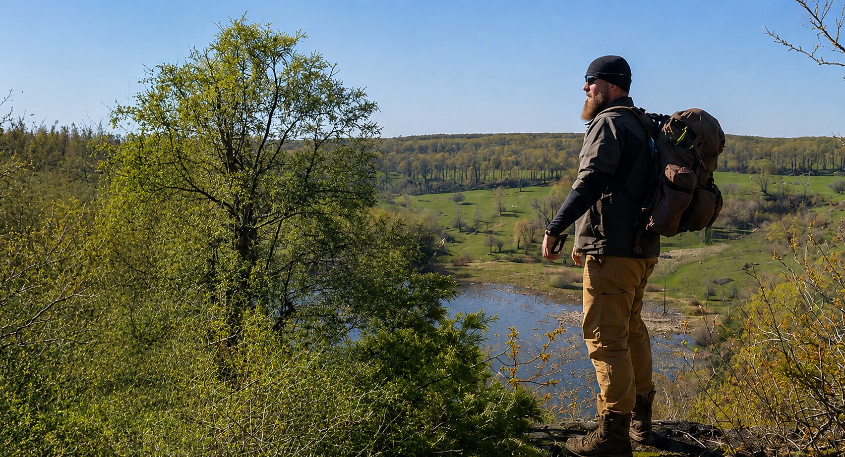 A solo bushcraft practitioner on a Canadian forest overlook