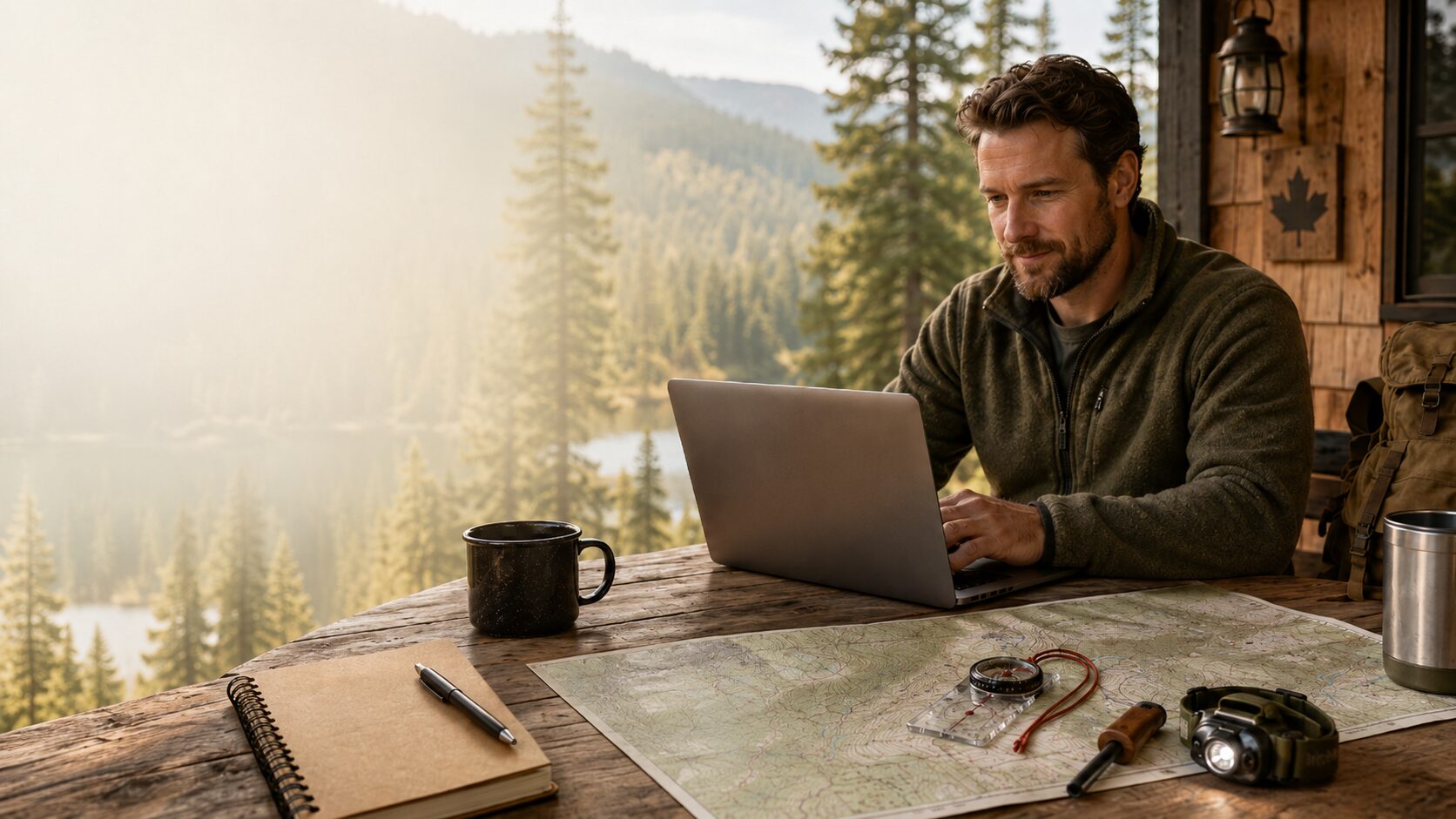 A practitioner studying by a campfire in the forest