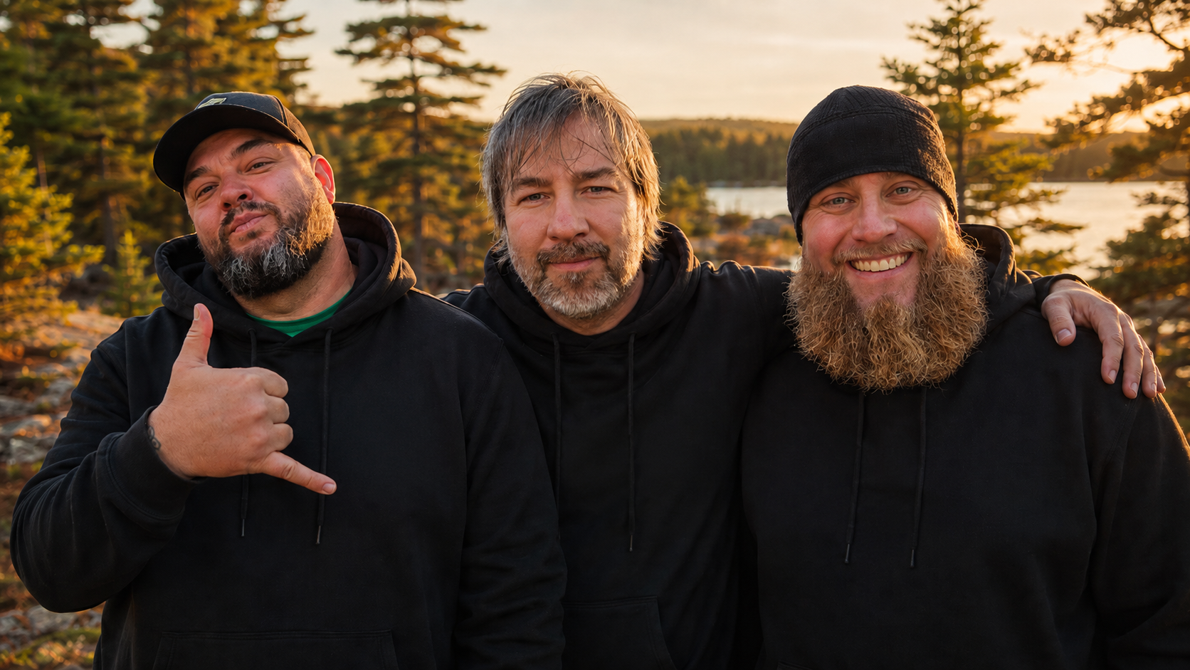 Three NBWSR co-founders standing together by a Canadian lake at golden hour